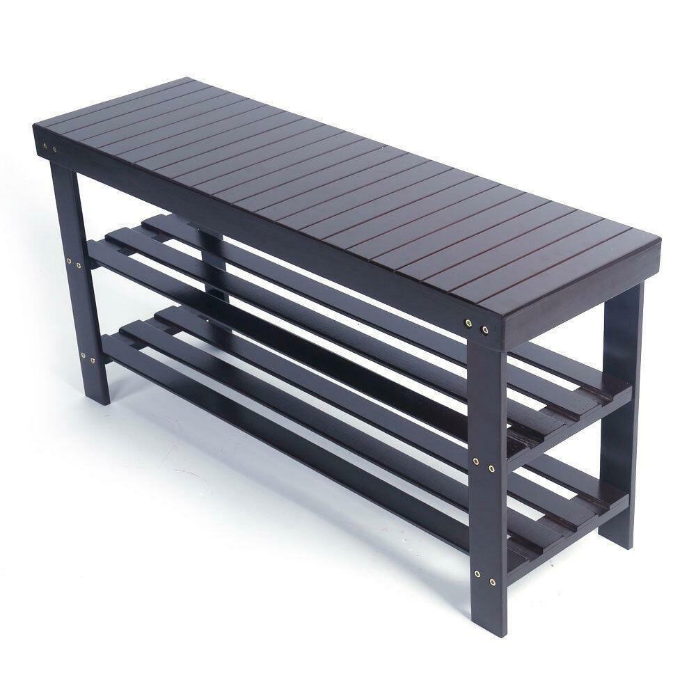 Natural 3-Level Wooden Storage Bench Organizer