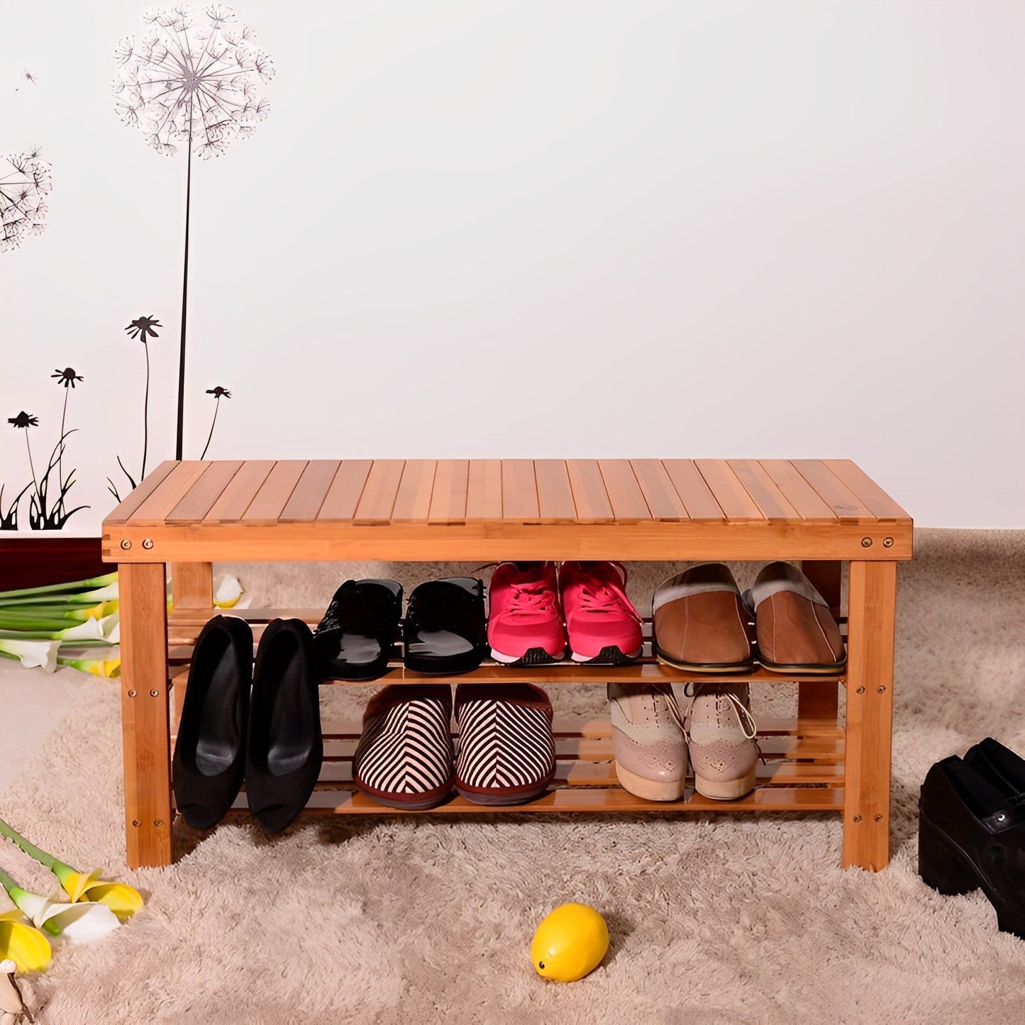 Natural 3-Level Wooden Storage Bench Organizer