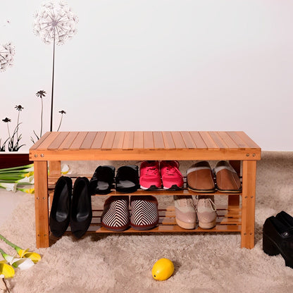 Natural 3-Level Wooden Storage Bench Organizer