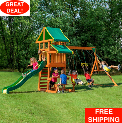 Natural Wood Backyard Swing Set Kids Play Slide