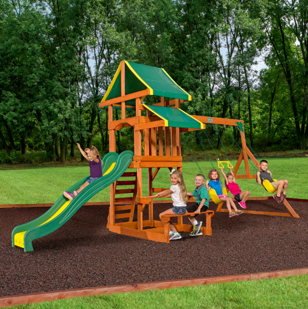 Natural Wood Backyard Swing Set Kids Play Slide - Halri