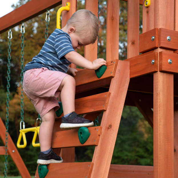 Natural Wood Backyard Swing Set Kids Play Slide