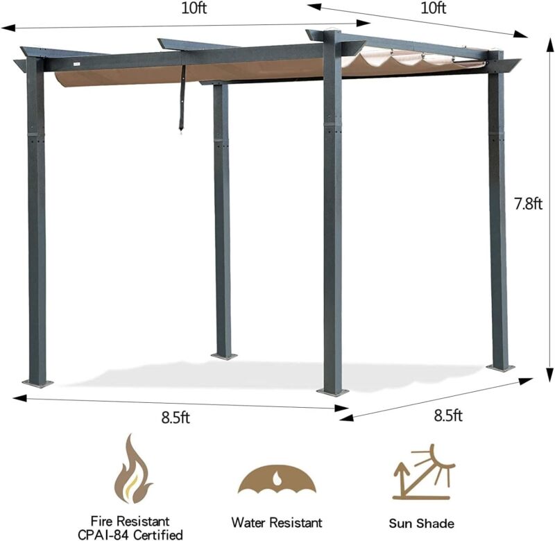 Durable 10x10 Foot Patio Retractable Pergola with Waterproof Top