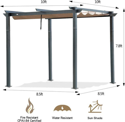 Durable 10x10 Foot Patio Retractable Pergola with Waterproof Top