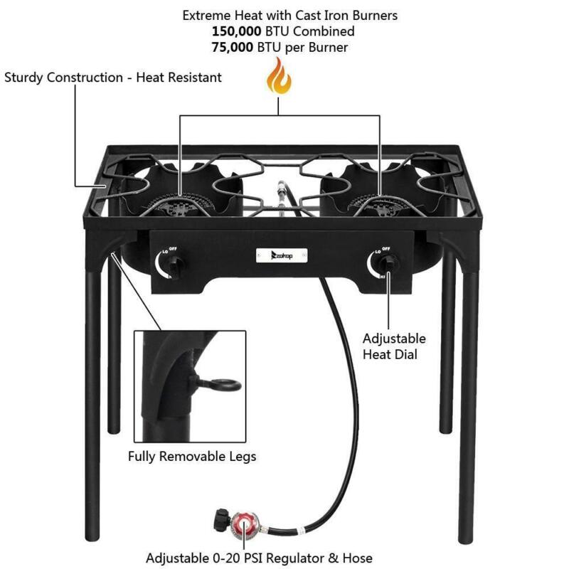 Portable 2 Burner Gas Outdoor Camping Stove BBQ Grill