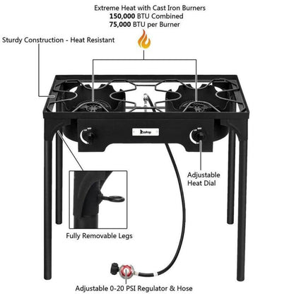 Portable 2 Burner Gas Outdoor Camping Stove BBQ Grill
