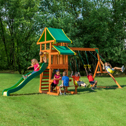 Natural Wood Backyard Swing Set Kids Play Slide