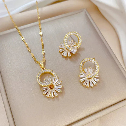 Sparkling Flower Diamond Necklace and Earrings Set