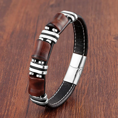 Brown Leather Tiger Eye Beaded Mens Bracelet