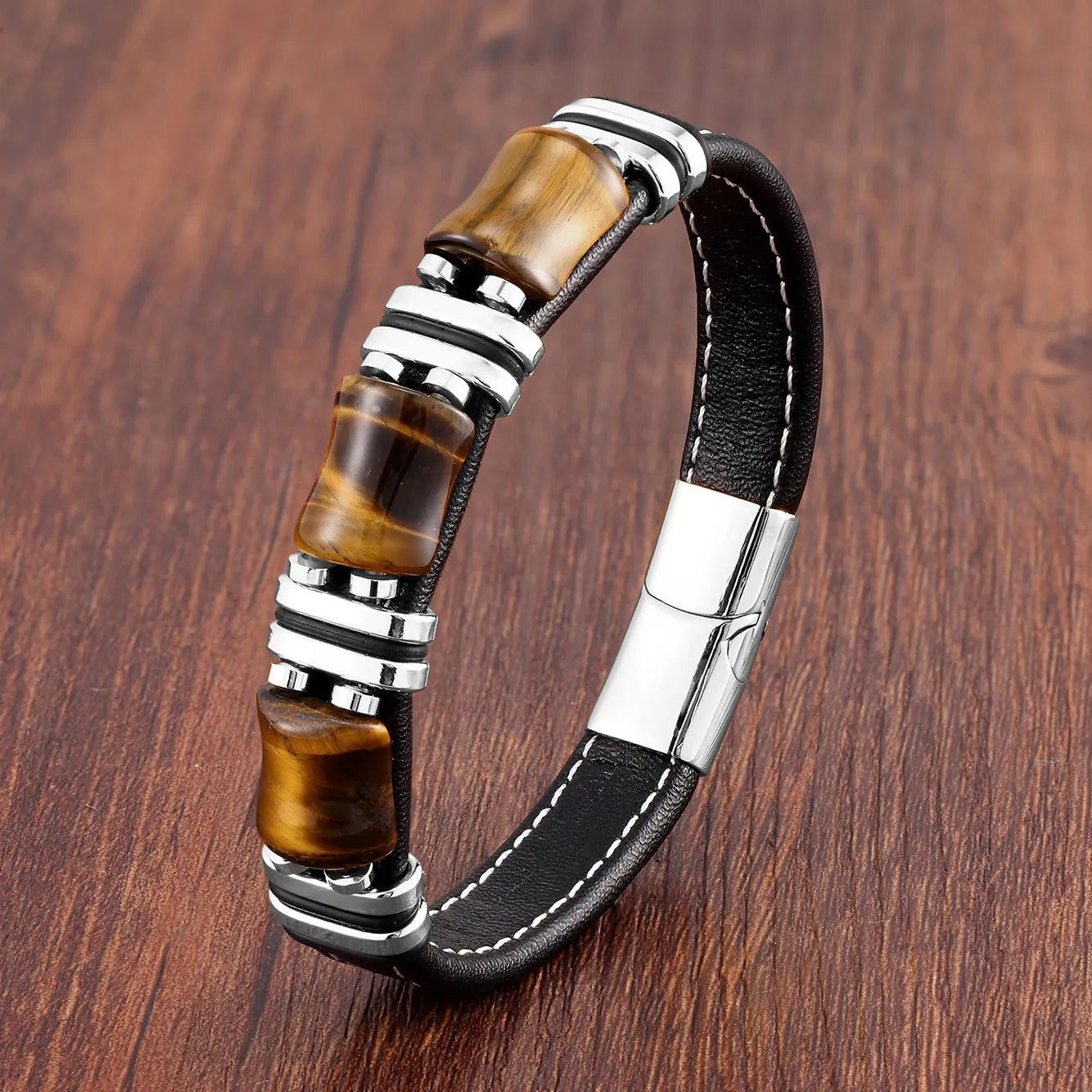 Brown Leather Natural Gemstone Bracelet