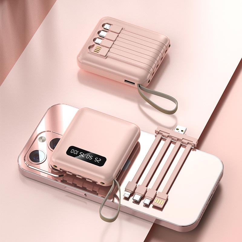 Compact 20000mAh Portable Power Bank with Built-in Cables