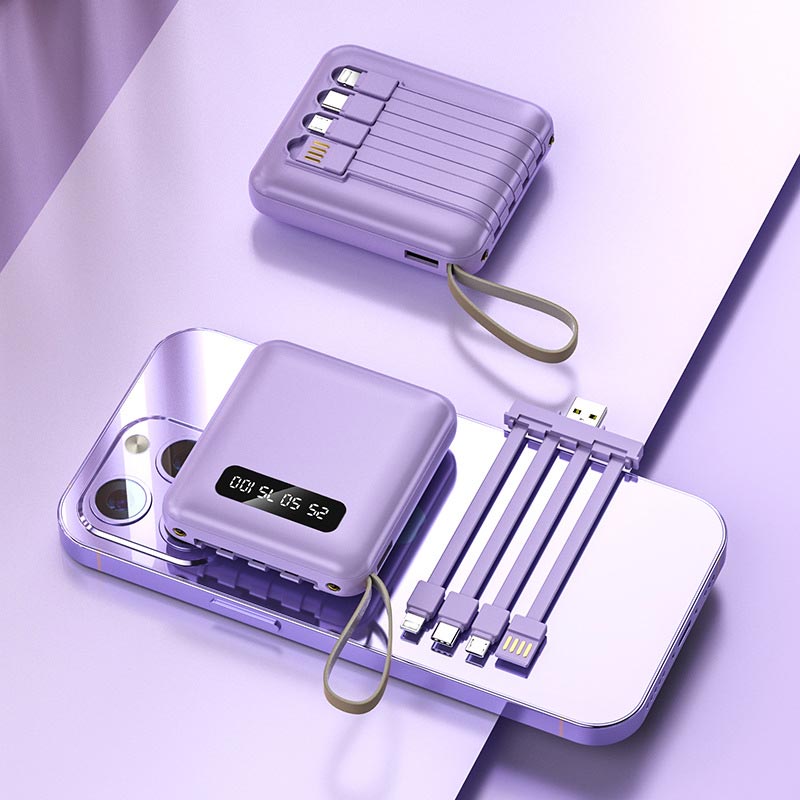 Compact 20000mAh Portable Power Bank with Built-in Cables