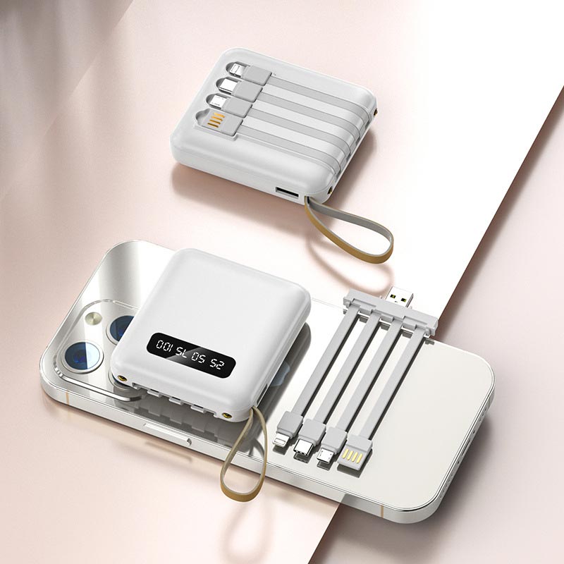 Compact 20000mAh Portable Power Bank with Built-in Cables