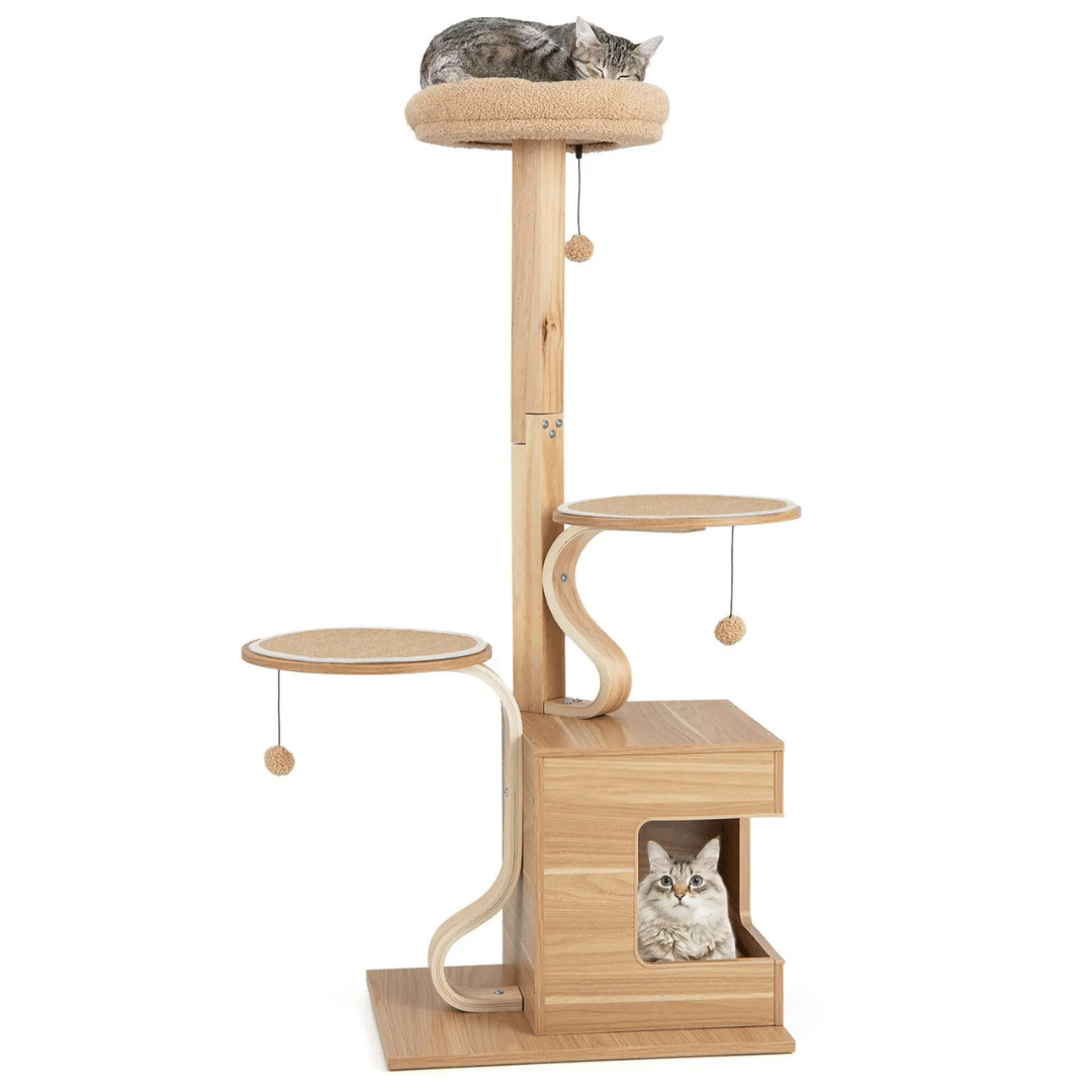 Natural Wood Cat Tower with Soft Perches & Multiple Levels - Halri