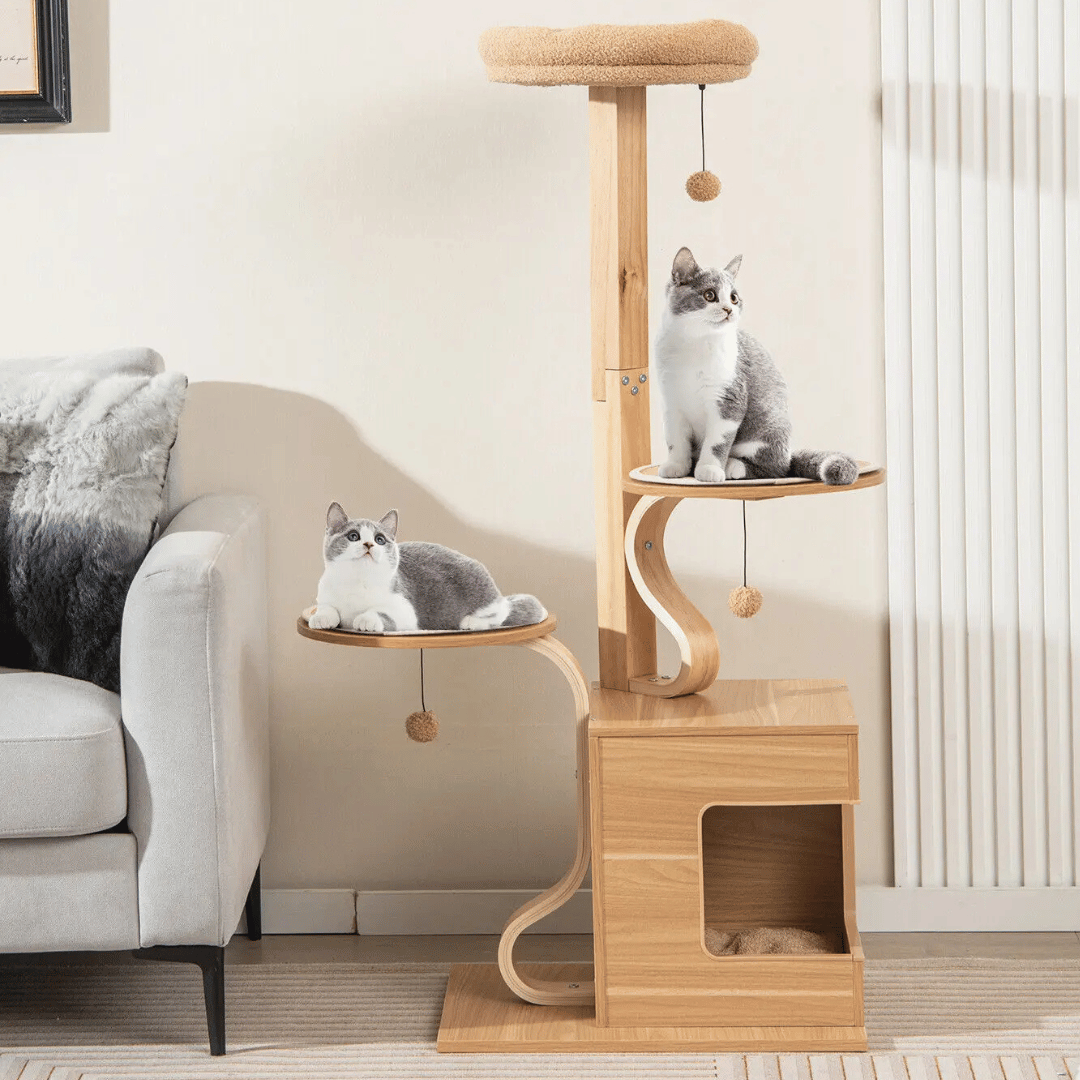 Natural Wood Cat Tower with Soft Perches & Multiple Levels