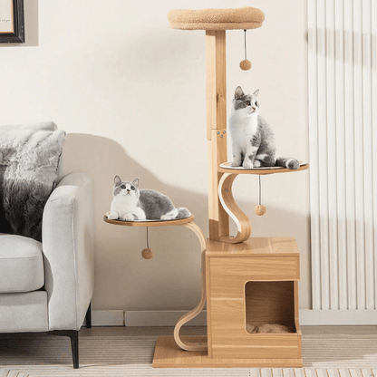 Natural Wood Cat Tower with Soft Perches & Multiple Levels