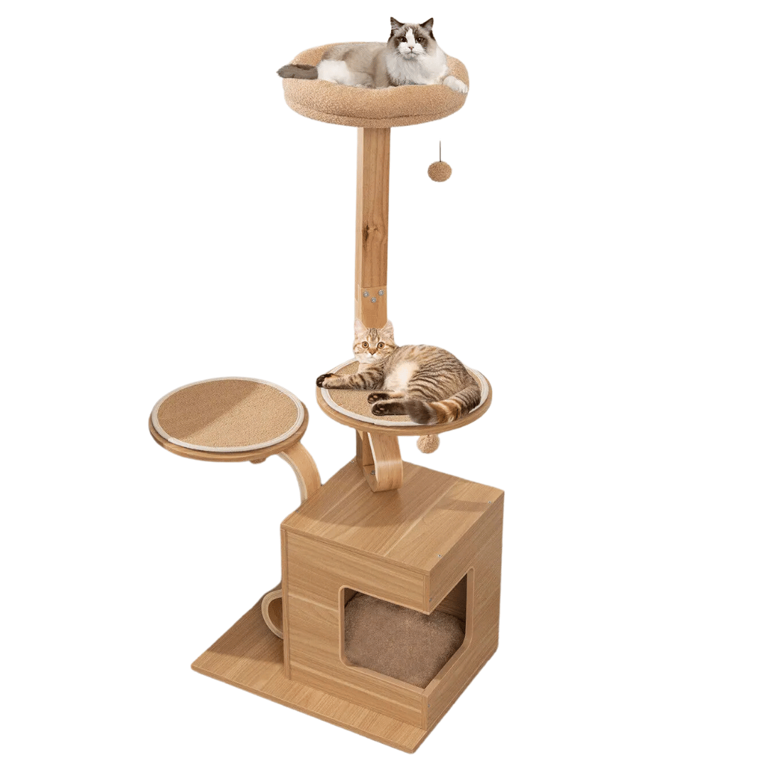 Natural Wood Cat Tower with Soft Perches & Multiple Levels