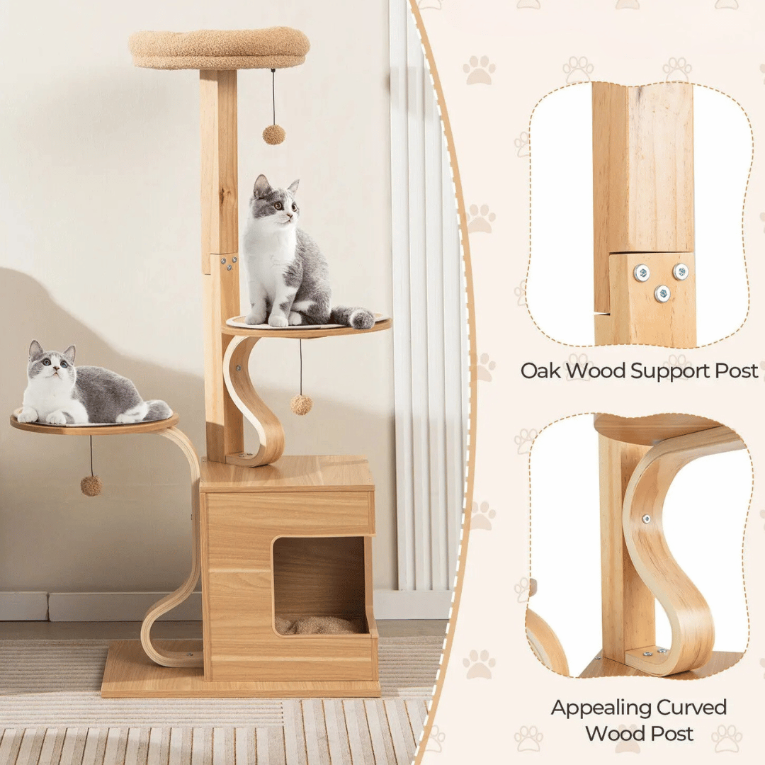 Natural Wood Cat Tower with Soft Perches & Multiple Levels