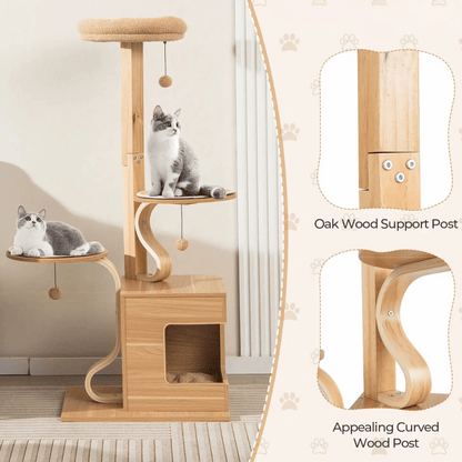 Natural Wood Cat Tower with Soft Perches & Multiple Levels