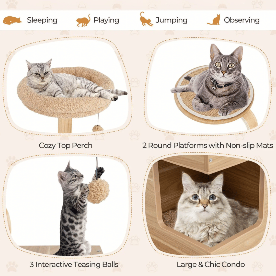 Natural Wood Cat Tower with Soft Perches & Multiple Levels