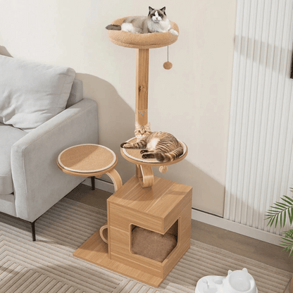 Natural Wood Cat Tower with Soft Perches & Multiple Levels
