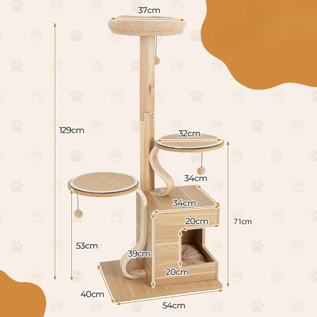 Natural Wood Cat Tower with Soft Perches & Multiple Levels
