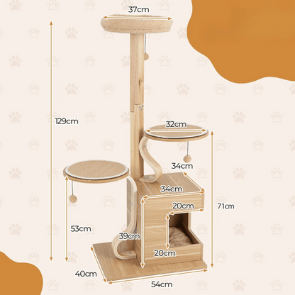 Natural Wood Cat Tower with Soft Perches & Multiple Levels